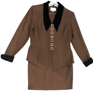 Julian Taylor Suit Brown Tweed with Velvet Trim Blazer & Skirt Sz 10